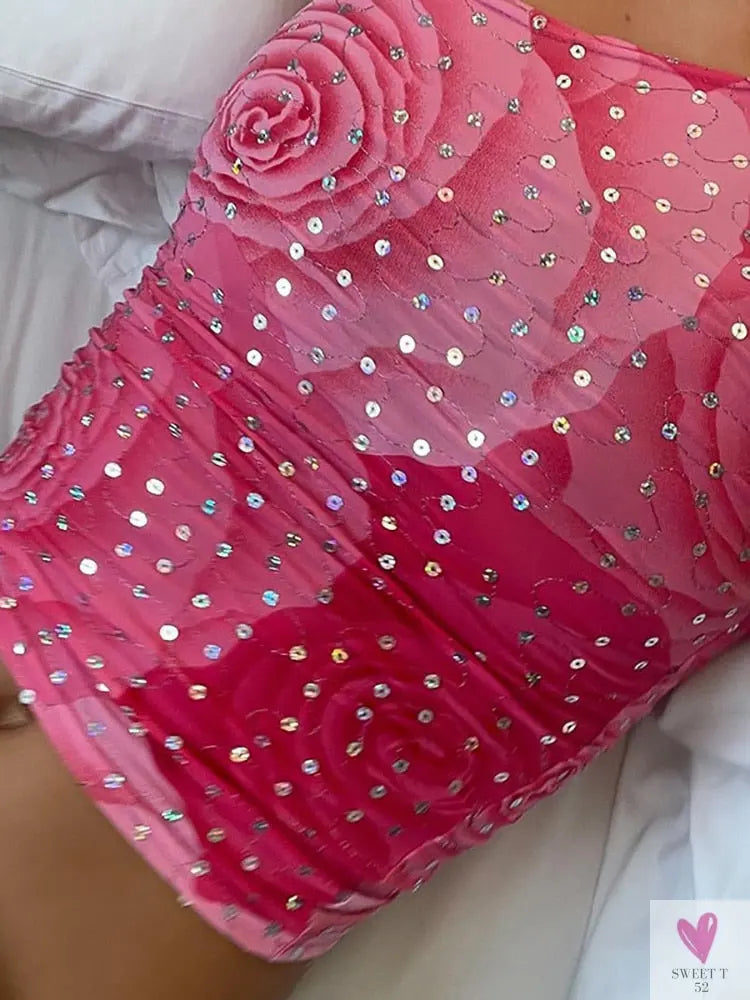 Cute Pink Flower Print/Sequins Trim Crop Top - Vintage One Shoulder Sleeveless Tank Top for Women and Girls