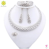 Dubai Women's Jewelry Sets, Silver Plated Necklace, Bracelet, Earrings and Ring Set. African Bridal Wedding, Gifts