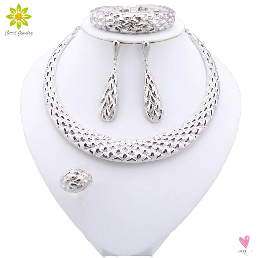 Dubai Women's Jewelry Sets, Silver Plated Necklace, Bracelet, Earrings and Ring Set. African Bridal Wedding, Gifts