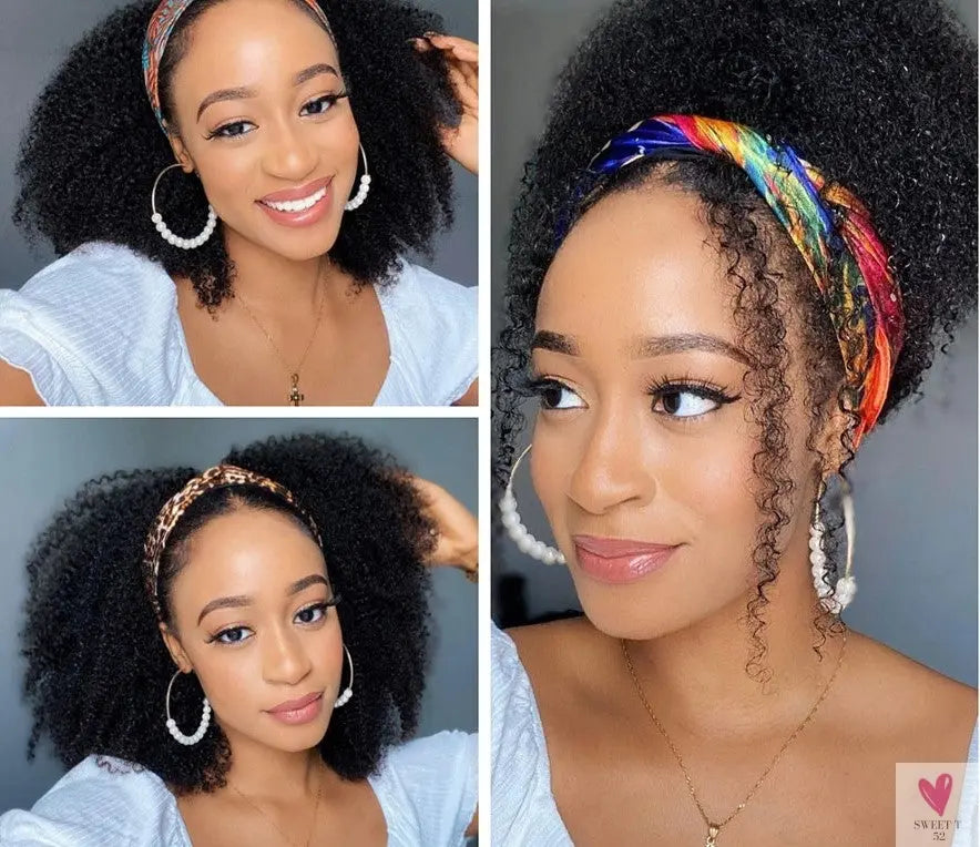 Glueless Kinky Curly Silk Headband Wigs for Women and Girls - Brazilian Remy Human Hair, 10 to 24 Inches, 150%/180% - 200% Density