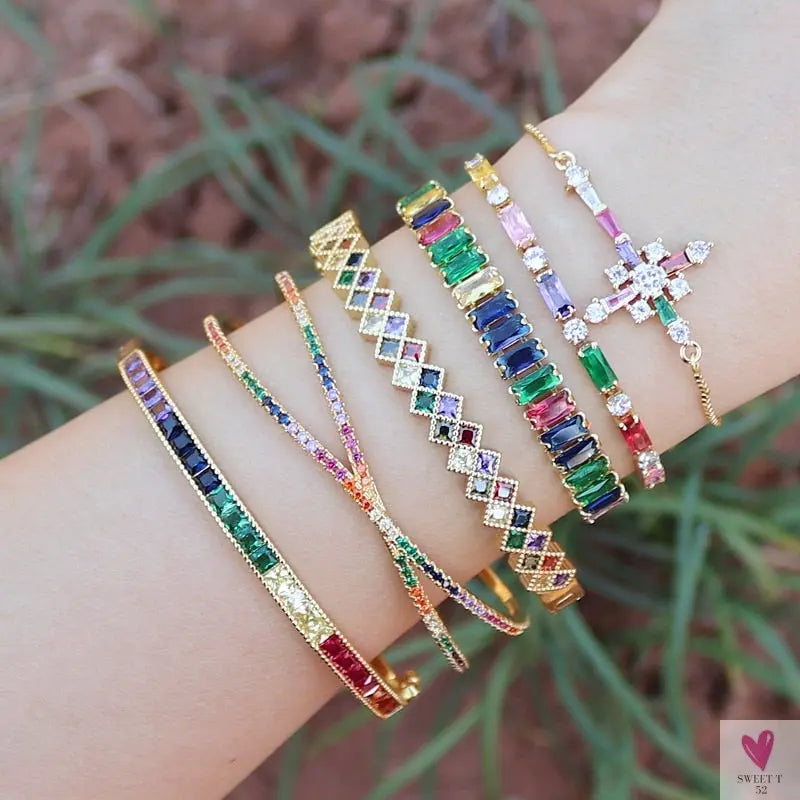 Gold Filled Baguette Cubic Zirconia Bracelet for Women and Girls - Rainbow Luxury jewelry - Tennis Style