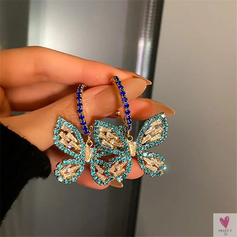 Golden Butterfly Zircon/Rhinestone/Crystal Dangle Earrings for Women and Girls in Gold or Blue/Green/Gold - Fashion Jewelry