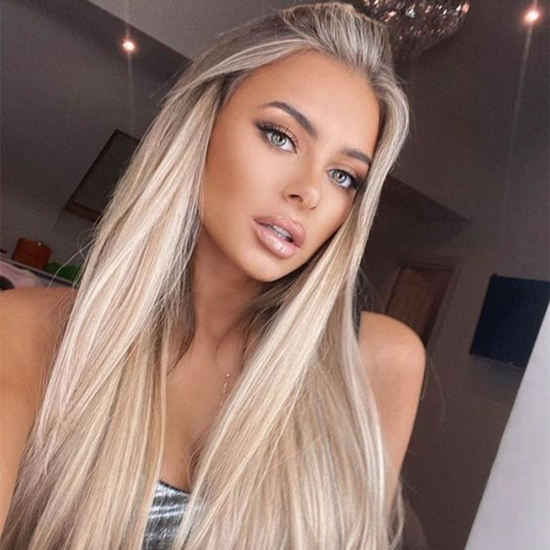 Ombre Synthetic Blonde Wig - Lace Front Wig, Middle Part With Highlights, Long Straight Hair - 22 Inches