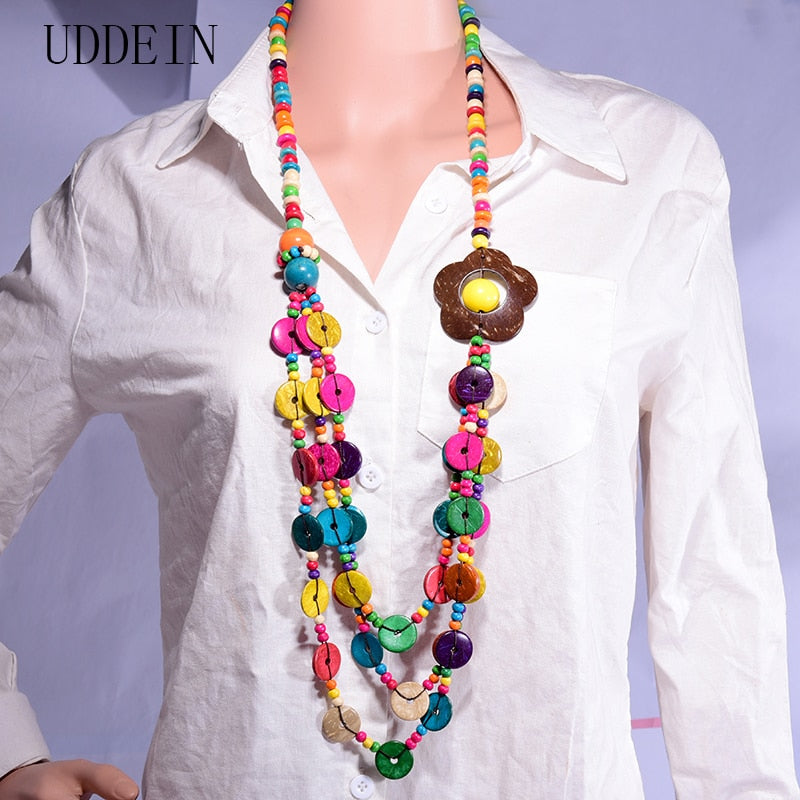 Bohemian Multi-Layer Handmade Wood Long Necklace For Women & Girls, Big Flower Collar, Colorful Bead Pendant Jewelry