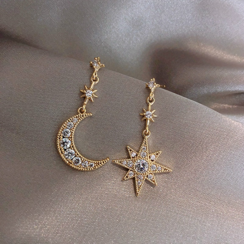 Asymmetrical Crystal Star/Moon Drop/Dangle Earrings for Women and Girls