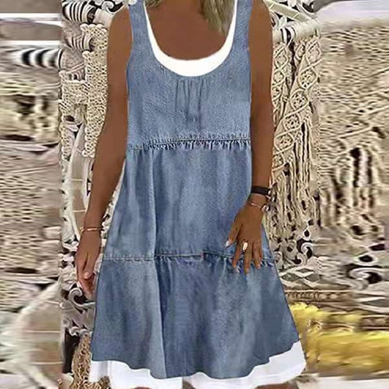 Women's Casual, Loose Denim Style Dress, Round Neck With Long Sleeves or Sleeveless - S