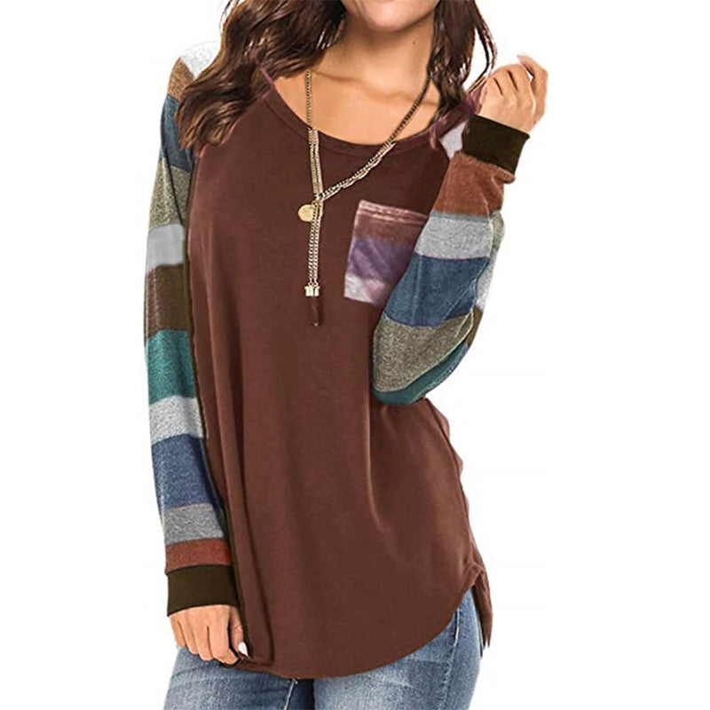 Women's Casual Color Block Long Sleeve Tee with Round Neck. Loose Tunic Top, Sweatshirt with Pocket