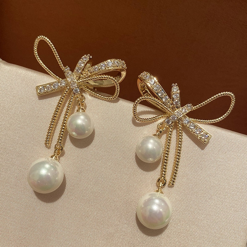 Bowknot/Pearl Dangle/Drop Earrings for Women and Girls, Simple Elegant Jewelry in Army Green Zinc Metal Color