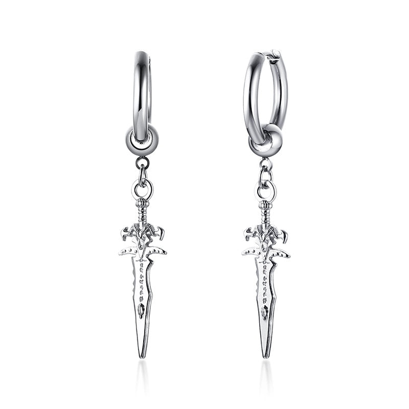 COOL SINGLE SILVER STAINLESS STEEL HOOP DAGGER EARRING FOR MEN AND BOYS