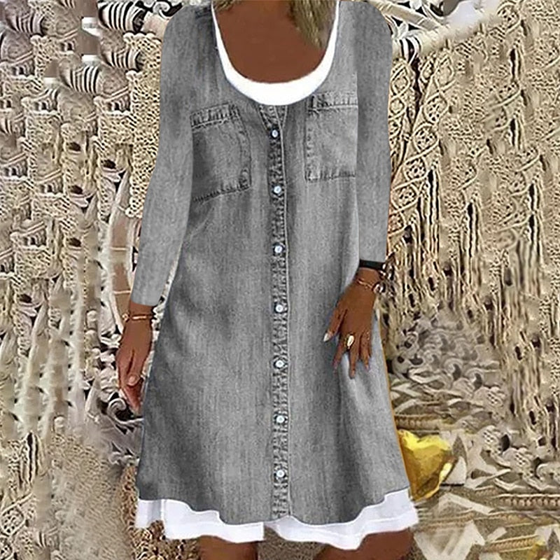 Women's Casual, Loose Denim Style Dress, Round Neck, With Long Sleeves or Sleeveless - 3X