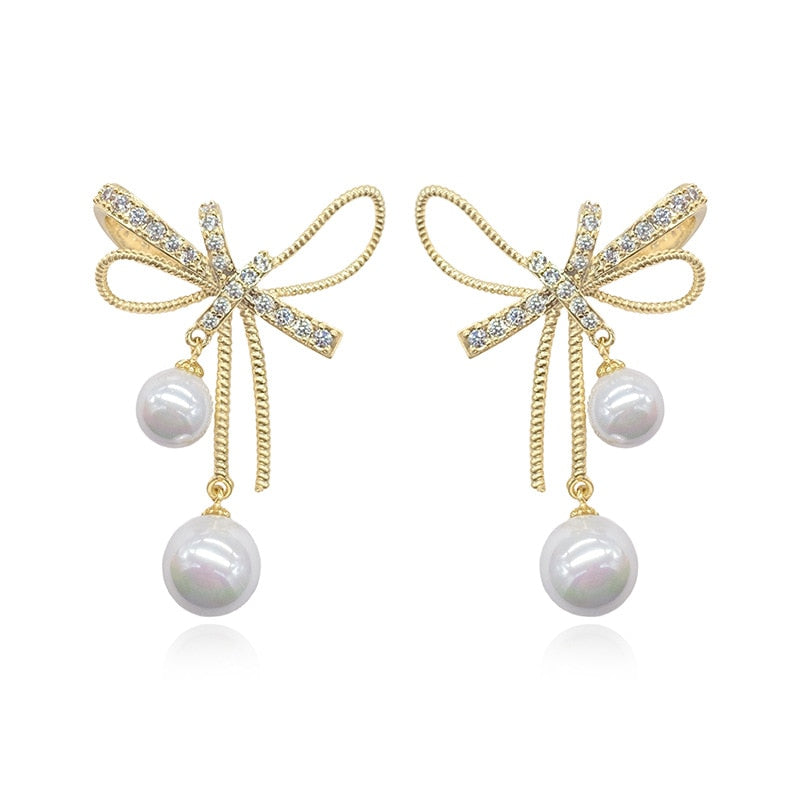 Bowknot/Pearl Dangle/Drop Earrings for Women and Girls, Simple Elegant Jewelry in Army Green Zinc Metal Color