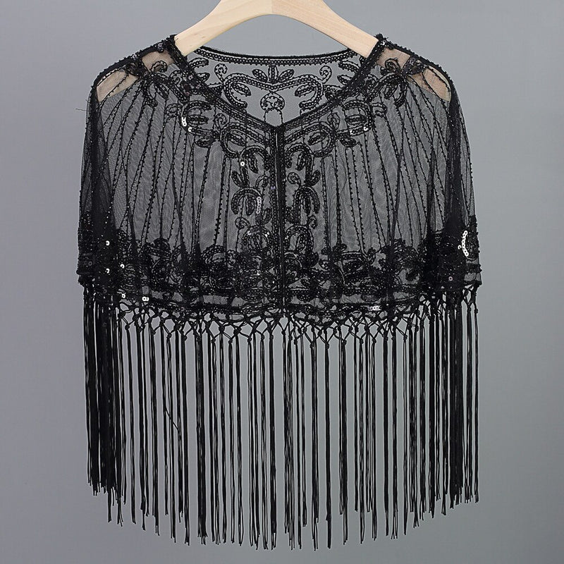 Women's Vintage 1920s Shawl - Beaded/Sequin/Fringe Flapper Bolero, Sheer Floral Embroidery Fancy Cover Up