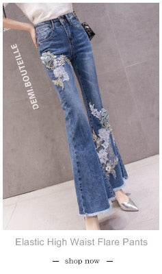 Women's Flower Embroidered Straight leg Jeans - Female Casual Pencil Pants, Straight Leg Jeans
