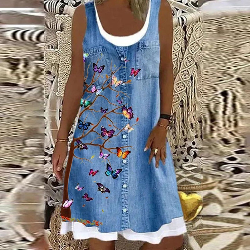 Women's Casual, Loose Denim Style Dress, Round Neck With Long Sleeves or Sleeveless - S