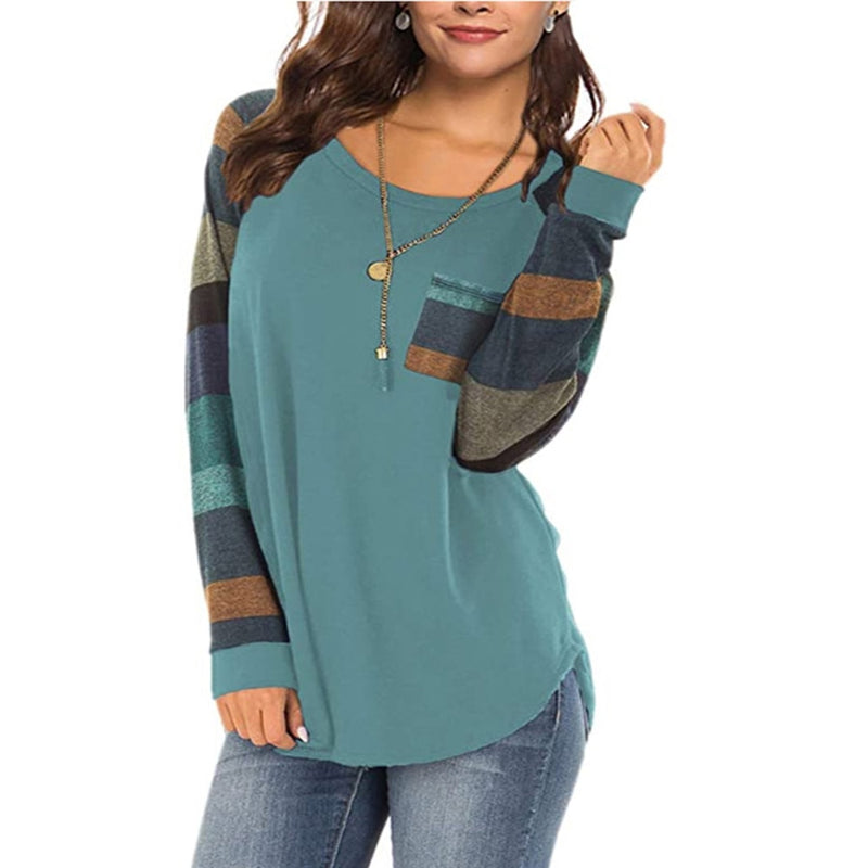 Women's Casual Color Block Long Sleeve Tee with Round Neck. Loose Tunic Top, Sweatshirt with Pocket