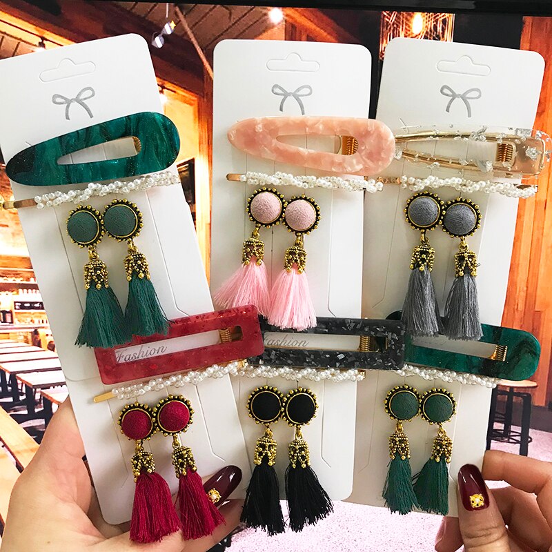 Fashion Earrings Set Pearl Hair Clips Barrettes and Tassel Earring For Women Acrylic Hairpins Sweet Girls Hair Accessories 2022