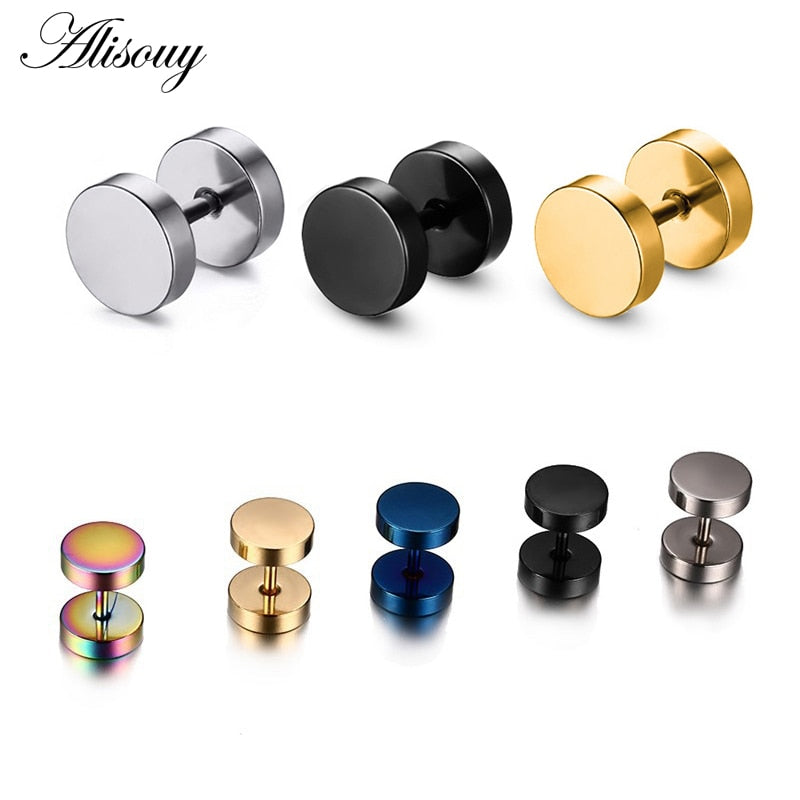 Men and Women's Dumbbell Stainless Steel Stud Earrings, 3~16 mm Fake Piercing Tunnels, Main Stone Color, Colorful