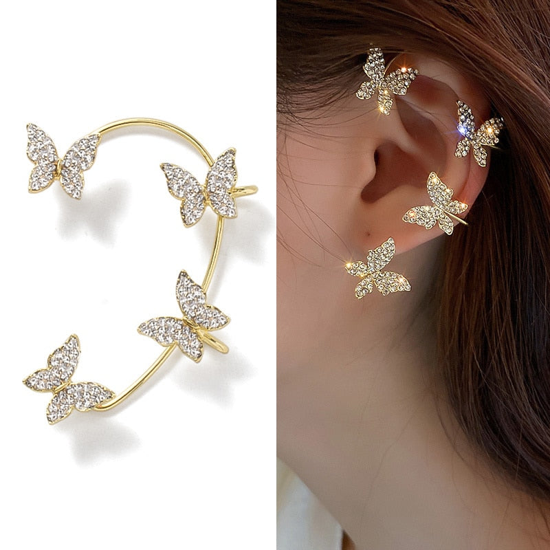 Crystal Butterfly Tassel Ear Cuff Earrings for Women and Girls in Gold and Silver