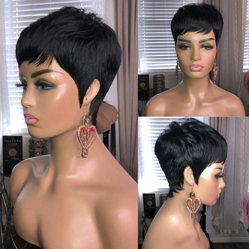 613 Blonde or Black Pixie Short Cut Bob Wig With Bangs - Wavy Human Hair Wig/Brazilian Straight Wig/For Women & Girls
