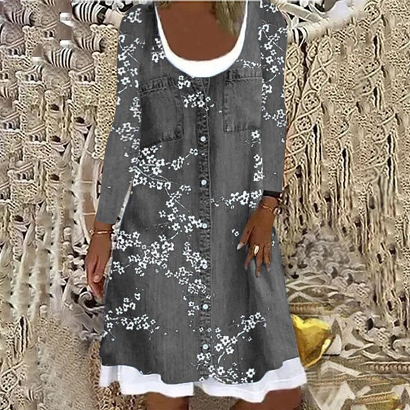 Women's Casual, Loose Denim Style Dress, Round Neck With Long Sleeves or Sleeveless - S