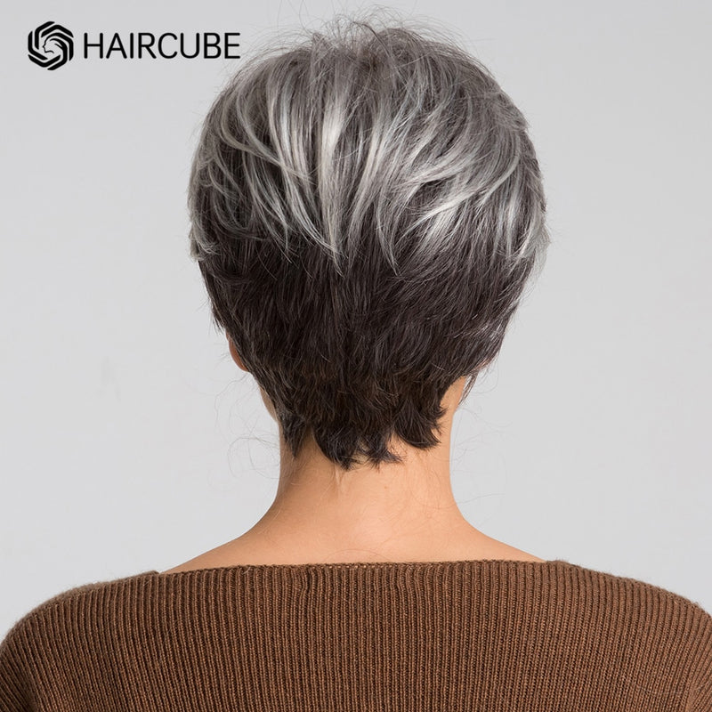 Short Mixed Grey Pixie Cut Wigs for Women & Girls - Human Hair Blend Synthetic Wig, Heat Resistant, Non-lace