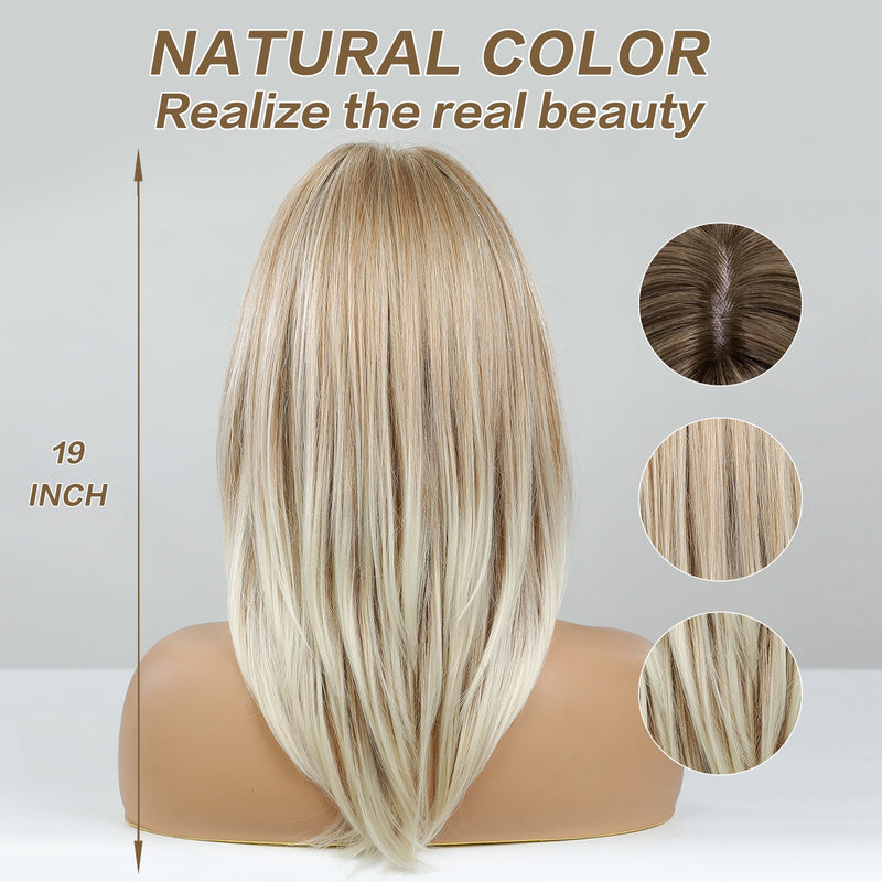 Synthetic Wigs - Long Natural Wavy Wig, Sandy Blonde Highlights, Golden Layered Hair with Side Bangs for Women - Heat Resistant Fiber