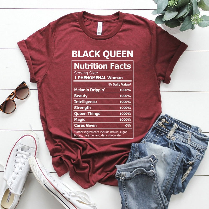 Black Queen Nutritional Facts T-Shirt for Women & Girls, Graphic Melanin T-Shirts
