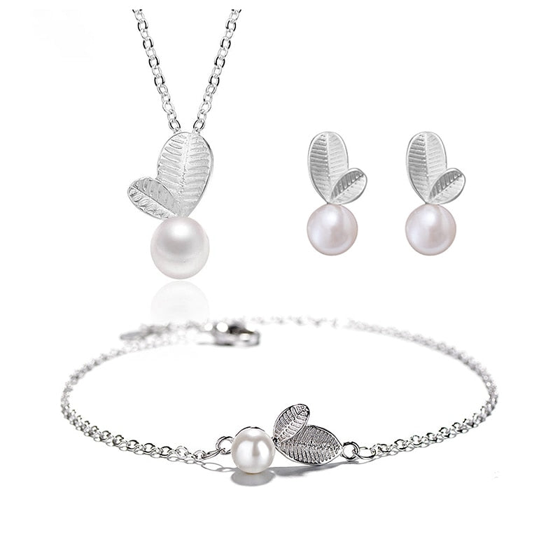 Silver Jewelry Set for Women and Girls in Water Drop Design - Necklace/Earrings/Bracelet With Pearl Inset, Allergy Free