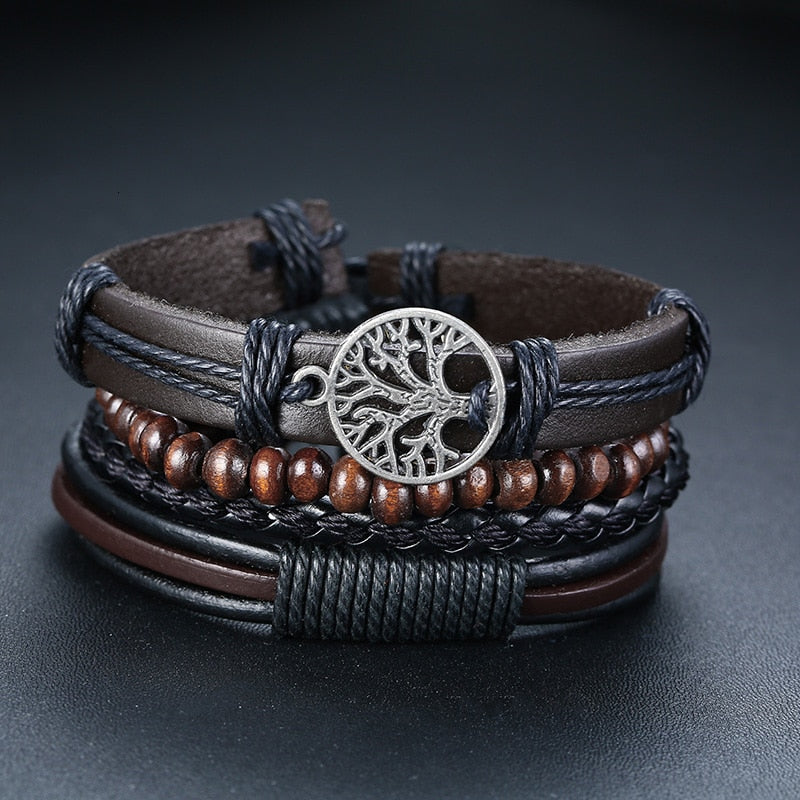 4 Pcs Set Braided Wrap Leather Bracelets for Men - Vintage, Life Tree, Rudder Charm, Wood Beads Wrist Wear