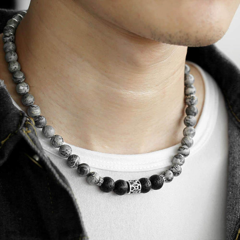 Unisex (Men and Women) Stone Black Glass Bead Necklace/Bracelet Set