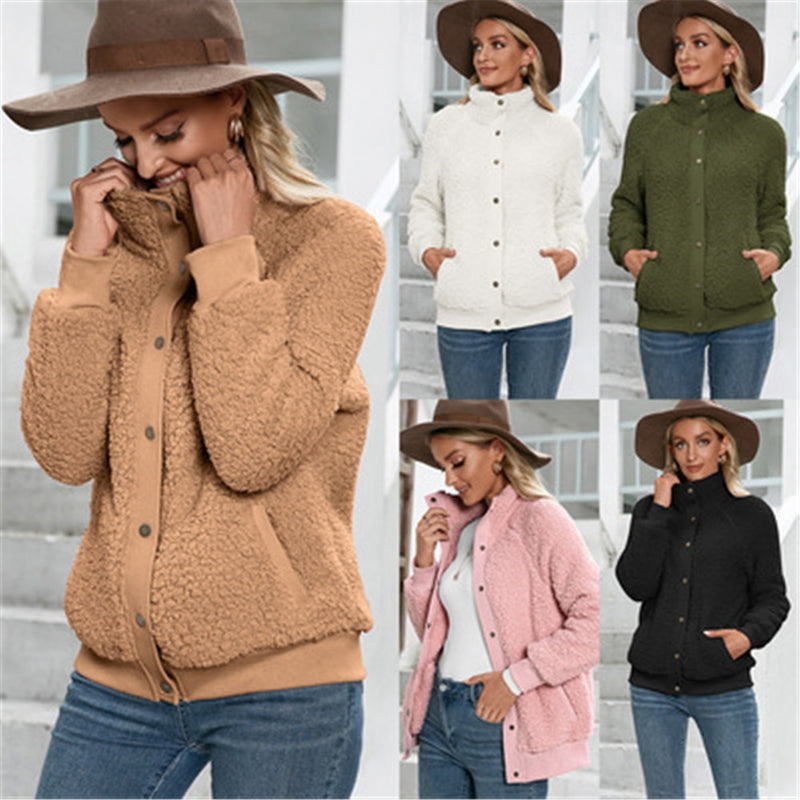 Women's Teddy Bear Coat (Faux Lamb Wool), Stand Collar, Loose Plush Jacket with Zipper - Warm Outerwear