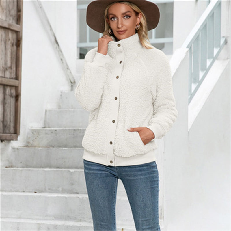 Women's Teddy Bear Coat (Faux Lamb Wool), Stand Collar, Loose Plush Jacket with Zipper - Warm Outerwear