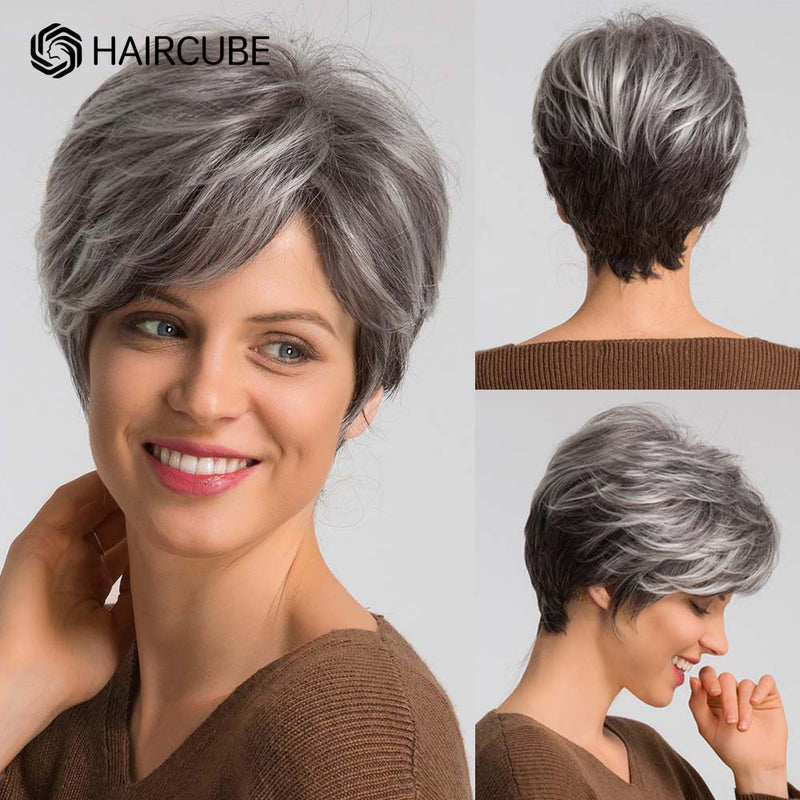 Short Mixed Grey Pixie Cut Wigs for Women & Girls - Human Hair Blend Synthetic Wig, Heat Resistant, Non-lace