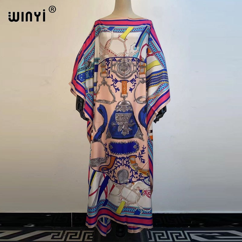 African Dashiki Dress for Women & Girls - Print Bohemia Silk Scarf Hijab, Loose Elegant Muslim Abaya Bazin Robe/Gowns