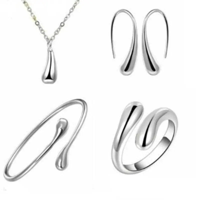 Stylishly Simple 4-Piece Jewelry Set for Women & Girls in Silver and Gold - Tear Drop Necklace, Earrings, Bangle & Ring