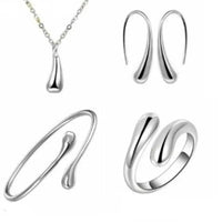 Stylishly Simple 4-Piece Jewelry Set for Women & Girls in Silver and Gold - Tear Drop Necklace, Earrings, Bangle & Ring