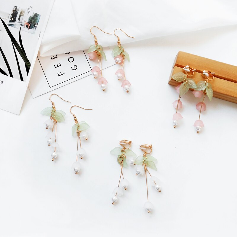 Lily Flower Drop/Dangle Earrings for Women and Girls in White and Pink - Gold Plated Earrings