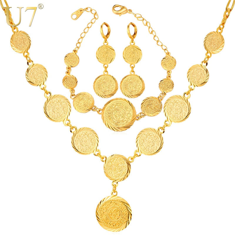 Gold Jewelry Set For Women - African Ethiopian Jewelry, Antique Coin Bracelet/Earrings/Necklace Set