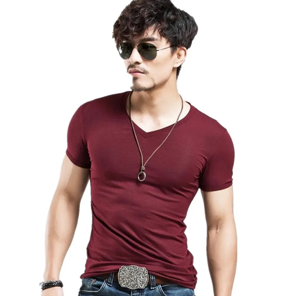 Men's Casual Cotton Jersey T-shirt with V or O-Neck in 10 Solid Colors