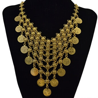 Turkish Gypsy Bib Coins Tassel/Choker Necklace and Dangle Earrings for Women