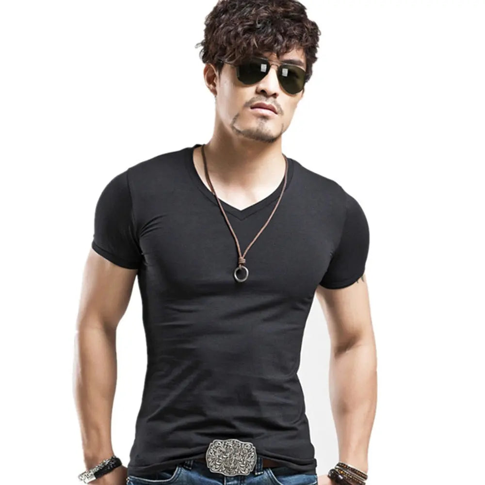 Men's Casual Cotton Jersey T-shirt with V or O-Neck in 10 Solid Colors