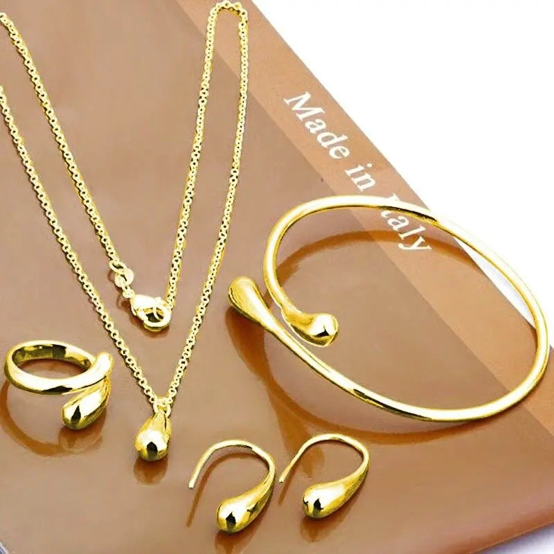 Stylishly Simple 4-Piece Jewelry Set for Women & Girls in Silver and Gold - Tear Drop Necklace, Earrings, Bangle & Ring