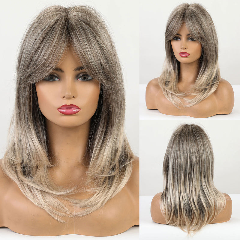Synthetic Wigs - Long Natural Wavy Wig, Sandy Blonde Highlights, Golden Layered Hair with Side Bangs for Women - Heat Resistant Fiber