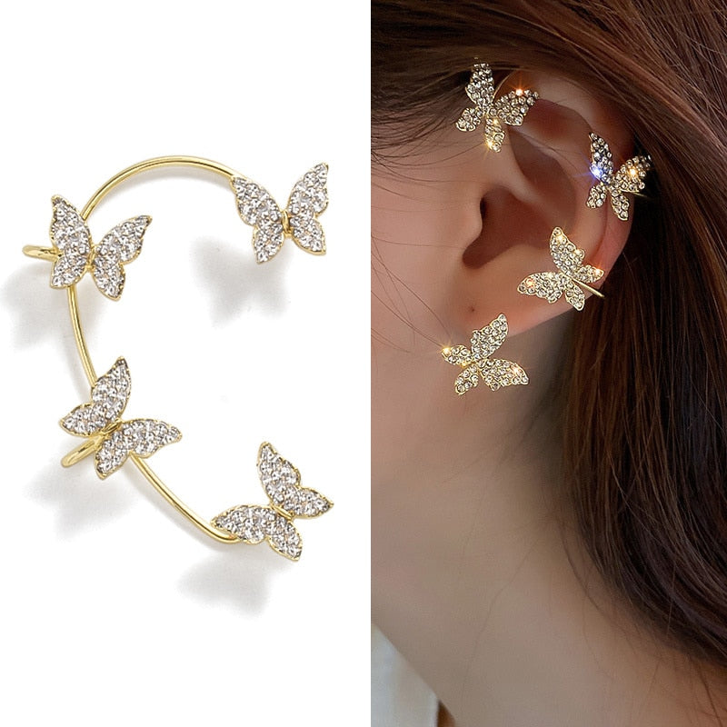 Crystal Butterfly Tassel Ear Cuff Earrings for Women and Girls in Gold and Silver