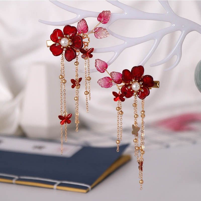 1 Pair Chinese Hanfu Hair Accessories - Red Flower Hairpins for Women & Girls, Vintage Dress Headwear