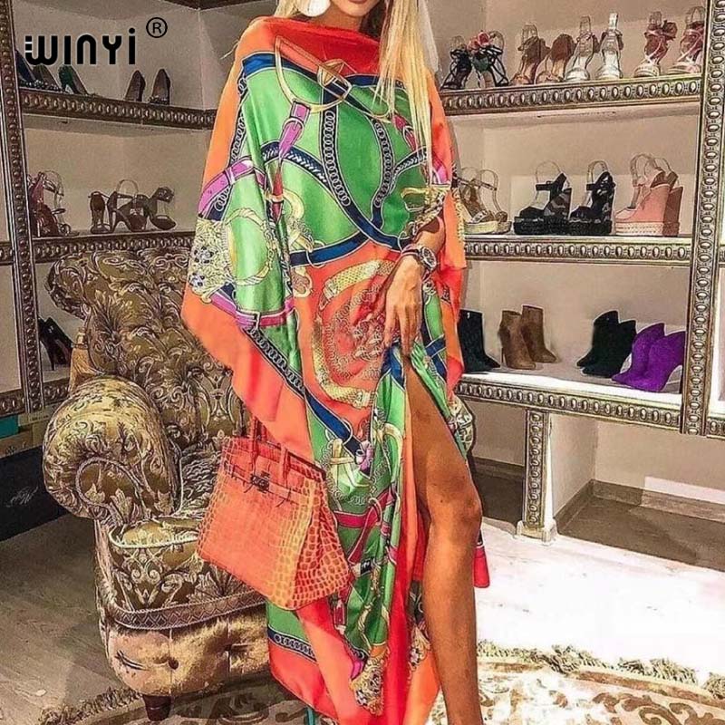 African Dashiki Dress for Women & Girls - Print Bohemia Silk Scarf Hijab, Loose Elegant Muslim Abaya Bazin Robe/Gowns