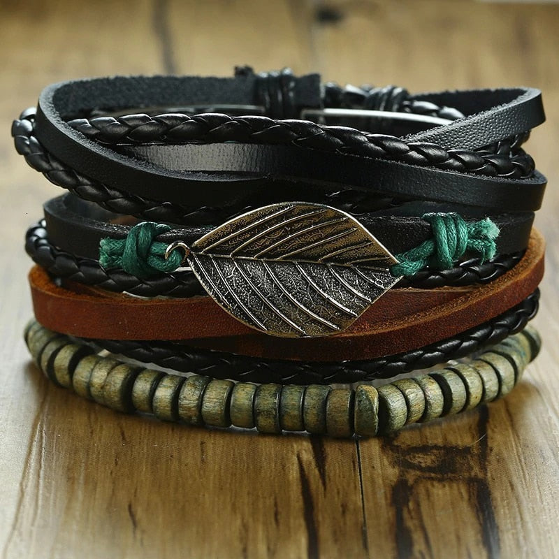4 Pcs Set Braided Wrap Leather Bracelets for Men - Vintage, Life Tree, Rudder Charm, Wood Beads Wrist Wear