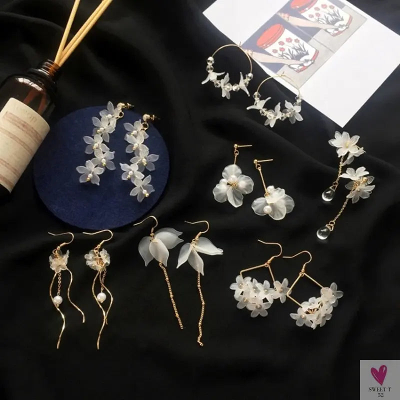 Handmade Long Acrylic Drop/Dangle Earrings for Women and Girls - All in White (Gold Plated)