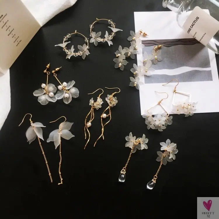 Handmade Long Acrylic Drop/Dangle Earrings for Women and Girls - All in White (Gold Plated)