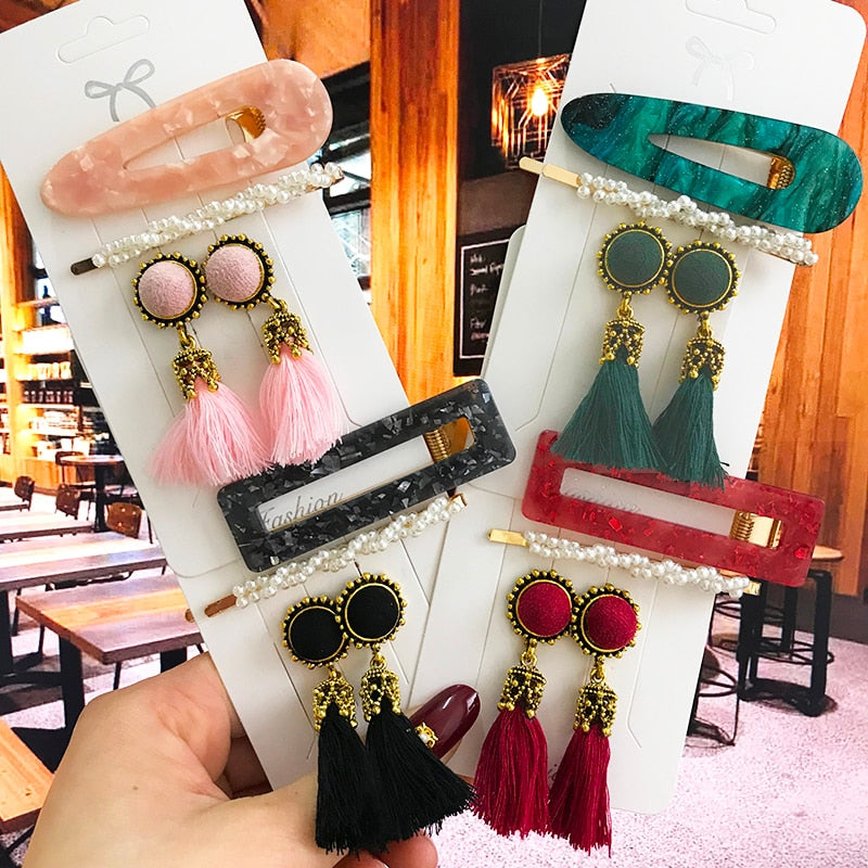 Fashion Earrings Set Pearl Hair Clips Barrettes and Tassel Earring For Women Acrylic Hairpins Sweet Girls Hair Accessories 2022